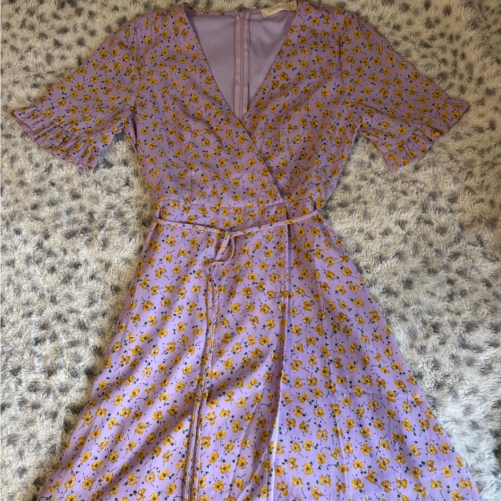 Rokoko Purple Flutter Sleeve Wrap Midi Dress